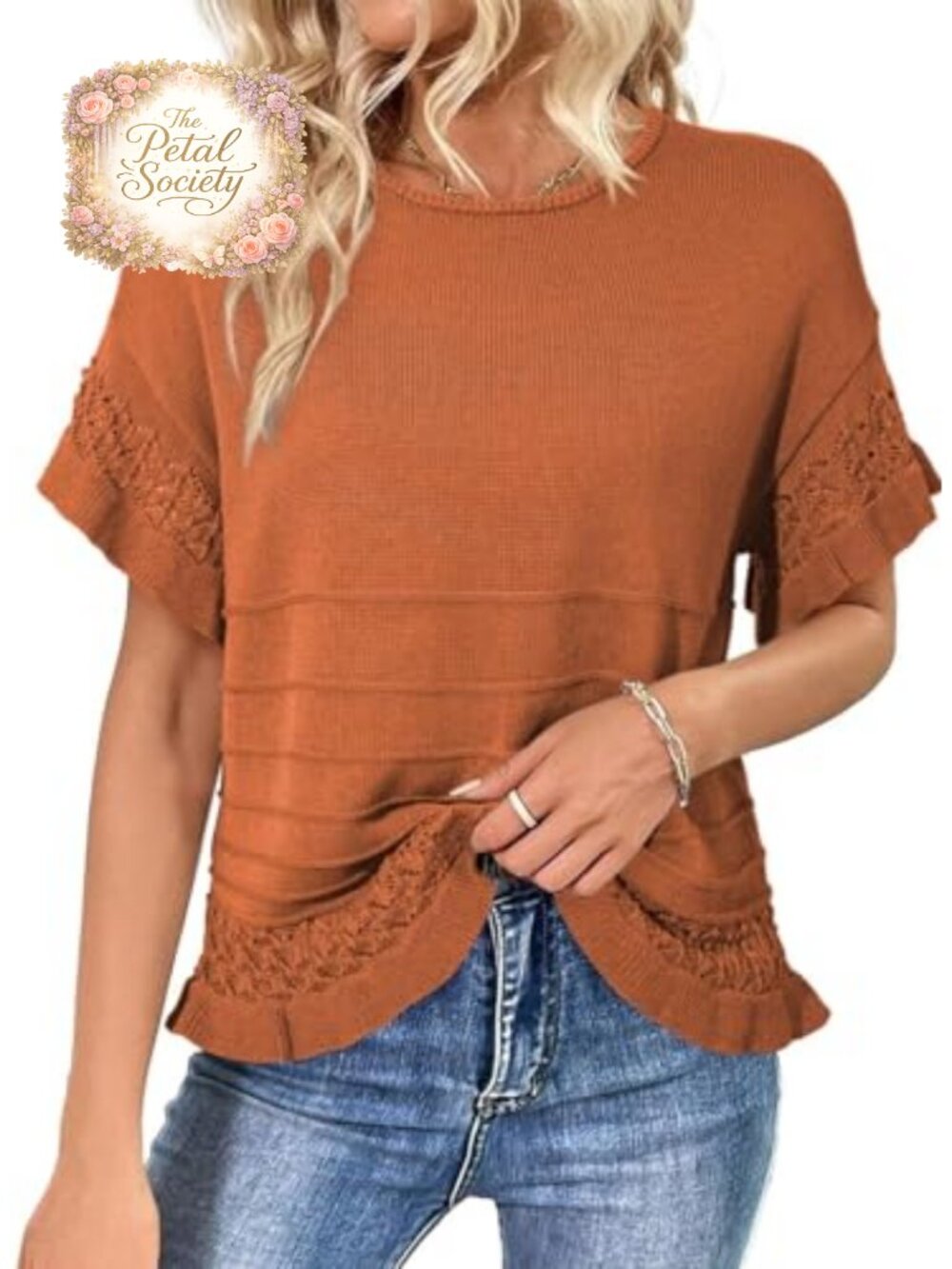 Women's Short Sleeve Knit Pullover Sweater Ruffled Hem Crochet Blouse